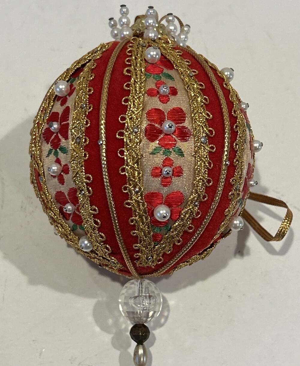Vintage Beaded Push Pin Handmade Christmas Ornament Ornate Red gold flowers 3"